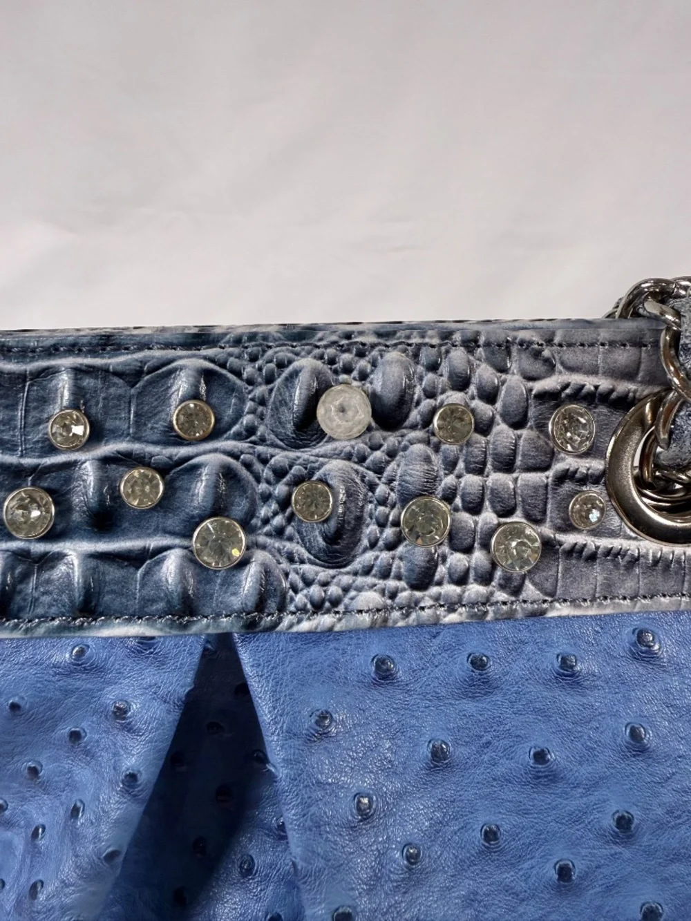 Blue Faux Ostrich Studded Chain Shoulder Bag Y2K Western Glam
